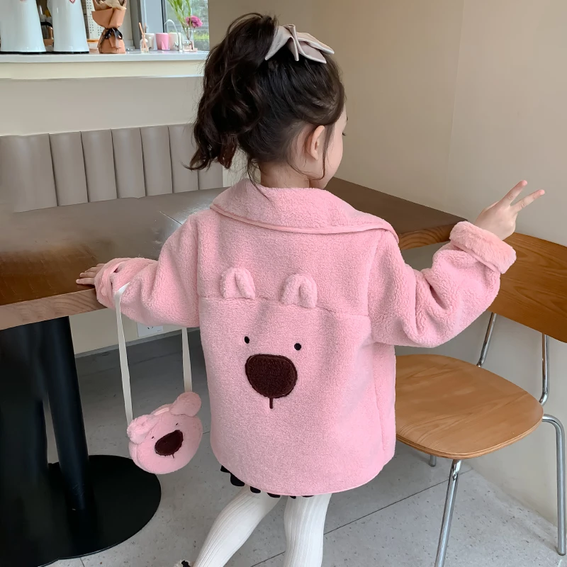 女童毛毛衣小熊羊羔绒外套秋冬新款洋气时髦女宝卡通加绒加厚上衣