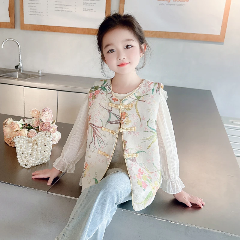 女童新中式马甲打底衫套装秋季新款洋气时尚女宝宝民族风两件套潮