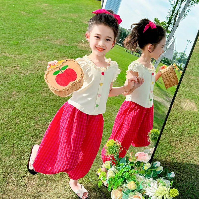 女童爱心扣防蚊裤套装夏季新款洋气时尚休闲女宝宝百搭网红两件套