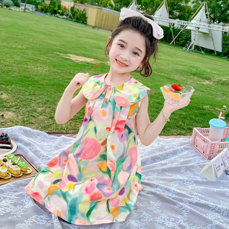 女童娃娃领田园风连衣裙夏季新款洋气甜美女宝宝花朵无袖背心裙仙