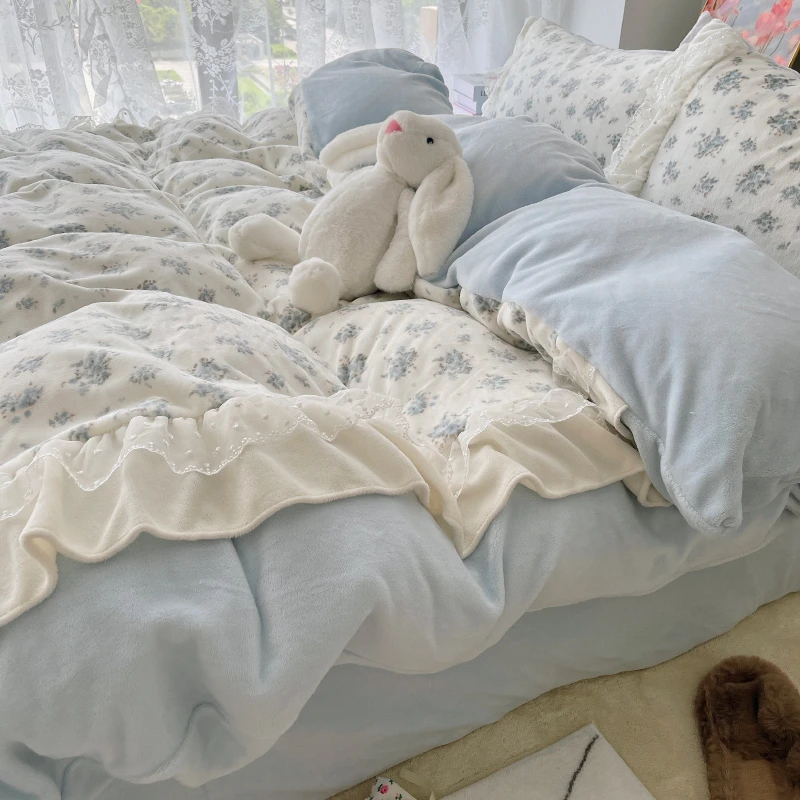 【梦屿】法式双层蕾丝花边款秋冬加厚加绒牛奶绒保暖四件套床单被套