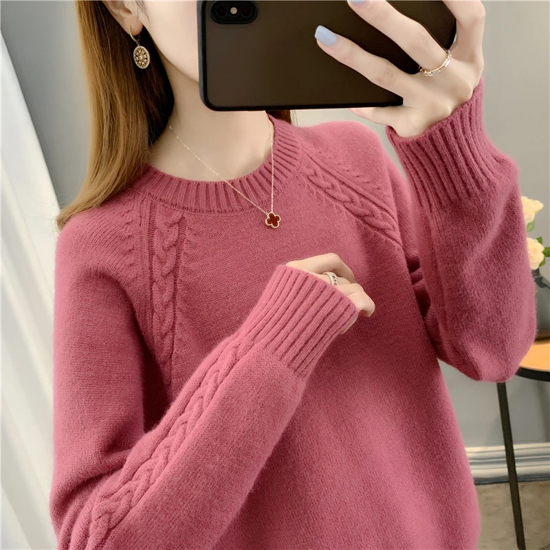 纯色麻花插肩袖针织衫秋冬新款女套头长袖圆领打底衫百搭宽松毛衣