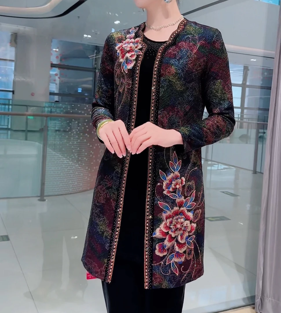 中老年套装妈妈装洋气时尚宽松显瘦休闲中长款绣花两件套气质百搭