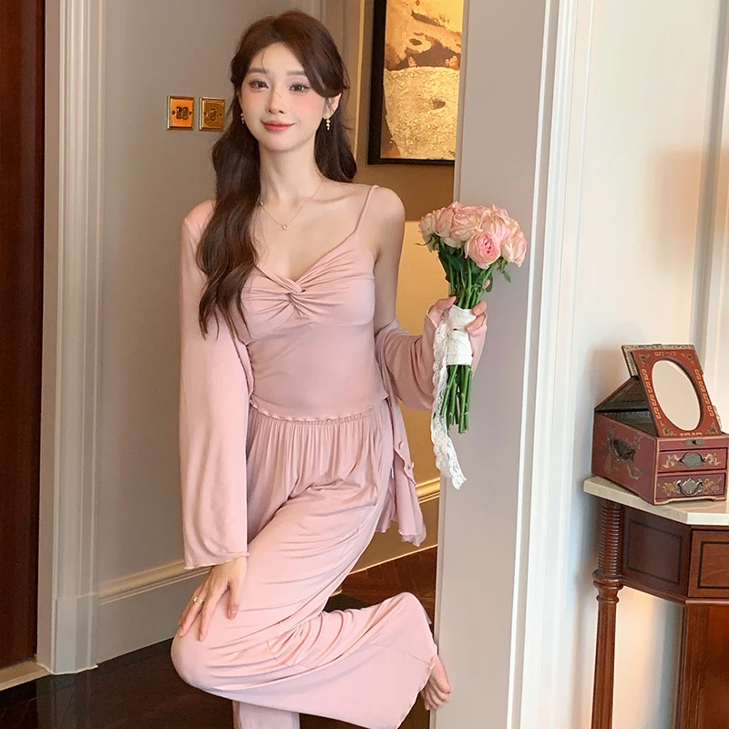 法式带胸垫睡衣女春秋季代尔棉长袖性感纯欲风吊带三件套装家居服