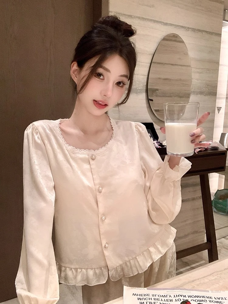 冰丝睡衣女春秋季2025新款宫廷风高级感长袖可外出慵懒宽松家居服