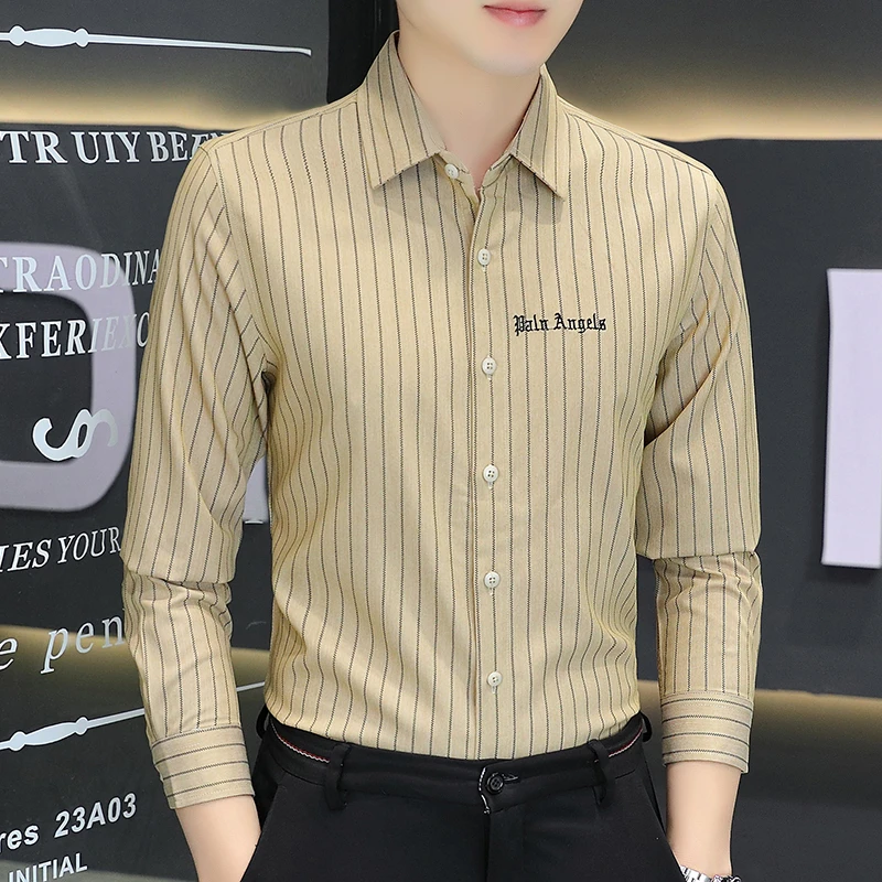 男士衬衫春秋新款韩版潮流修身条纹长袖衬衣商务休闲免烫寸衫秋季