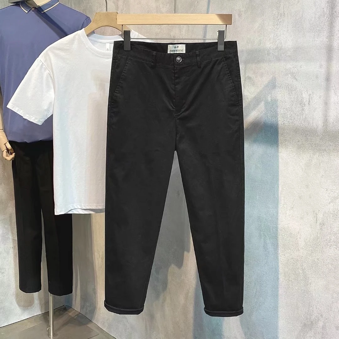 春秋季纯棉布裤男士韩版修身直筒商务休闲九分裤百搭显高休闲西裤