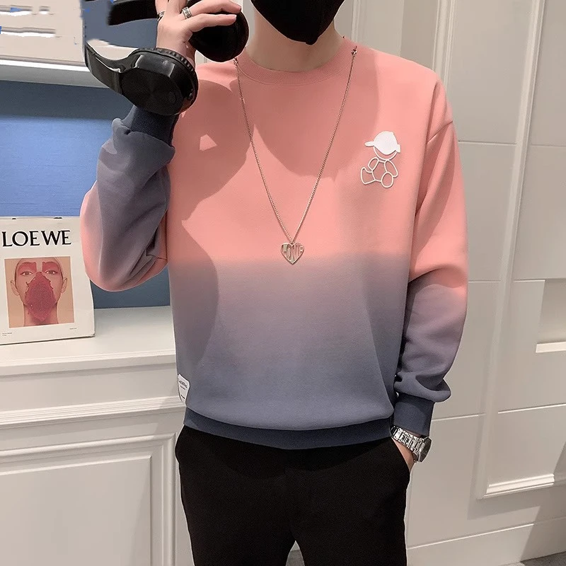 冬装渐变色卫衣男粉色长袖T恤男装上衣加绒厚t痞帅春秋季新款外套