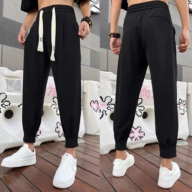 夏季显瘦痞帅男士黑色休闲小脚裤潮流宽松束脚九分裤垂感冰丝西裤