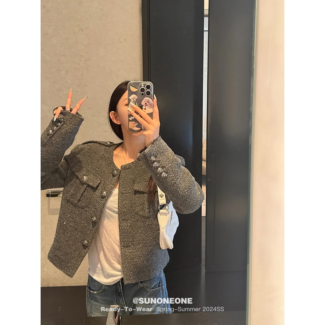 SUNONEONE H0501W小香风短外套女秋法式灰色宽松显瘦气质名媛上衣