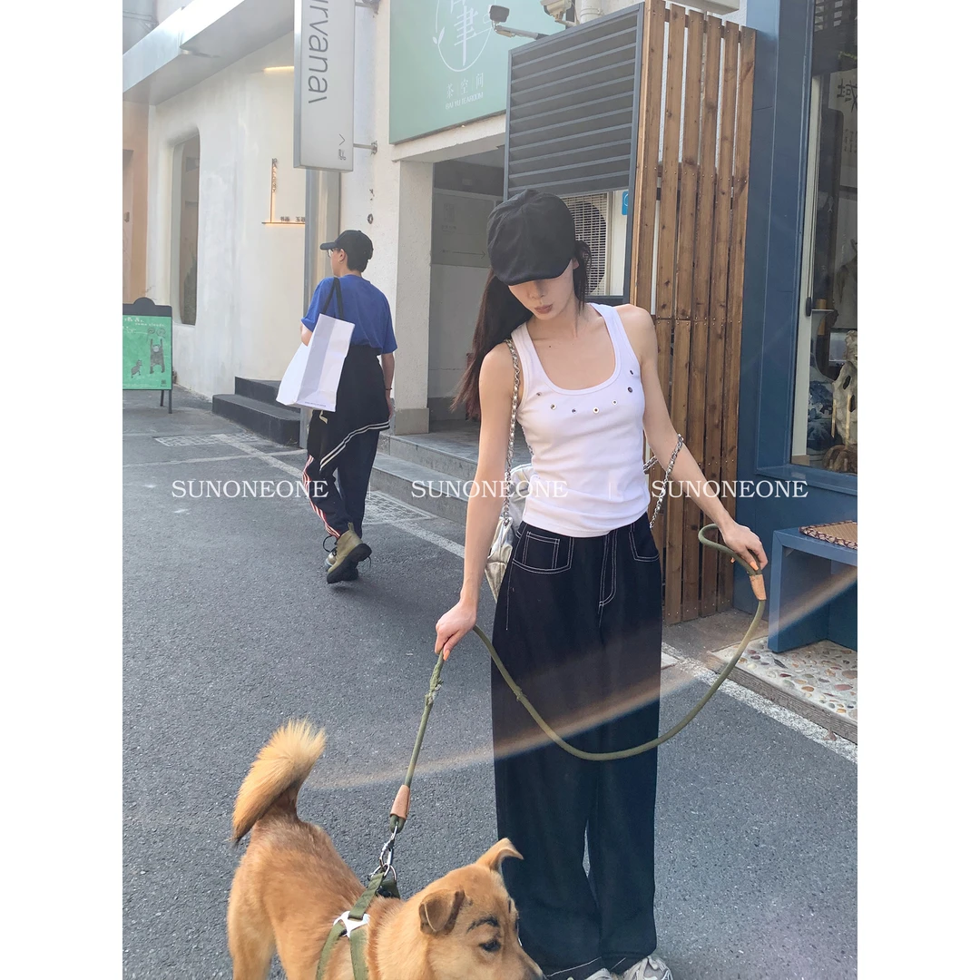 SUNONEONE 做旧复古蓝牛仔裤女早春季宽松遛弯直筒阔腿裤HK11184