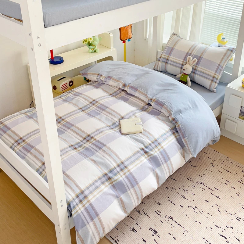 大学生宿舍床上三件套纯棉全棉单人床单被套学校寝室床品简约格子