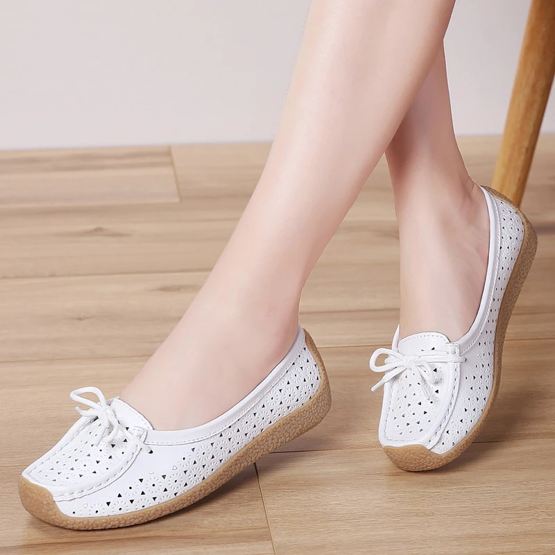 软皮妈妈鞋浅口豆豆鞋平底百搭透气休闲春秋防滑牛筋底软底单鞋女