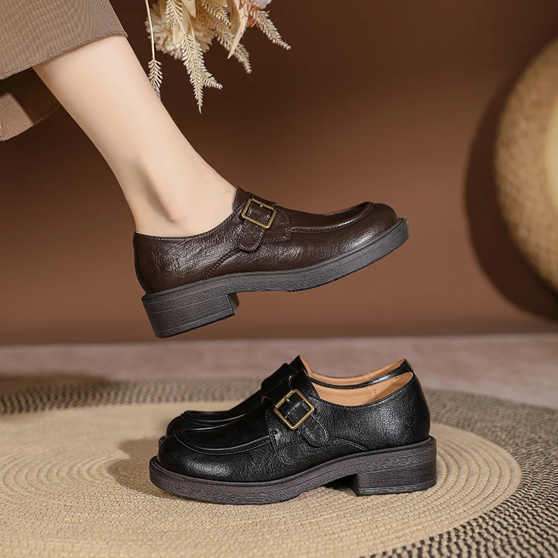 厚底乐福鞋女棕色粗跟单鞋2024年春秋季新款百搭复古英伦风小皮鞋