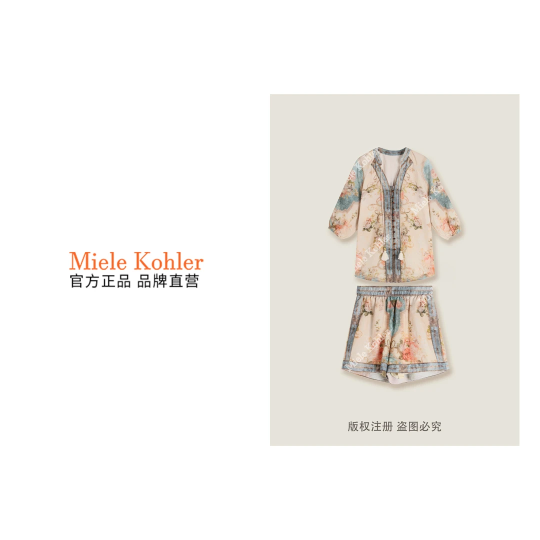 新款亚麻面料印花长袖衬衫+宽松短裤套装MKKQ62765【澳门小源同款】