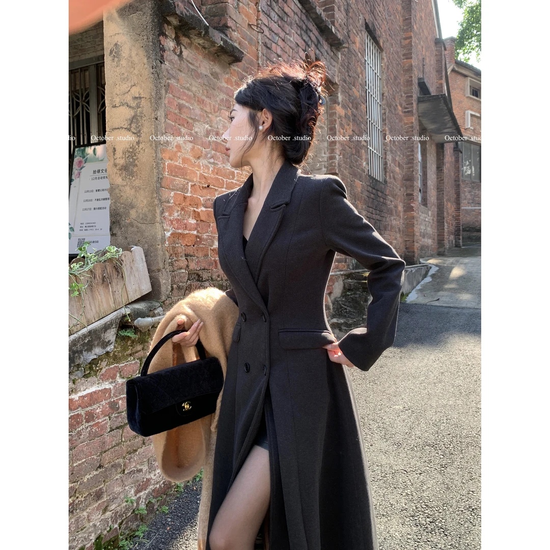 秋冬复古气质收腰毛呢外套女法式赫本风加厚百搭休闲长款开衫大衣