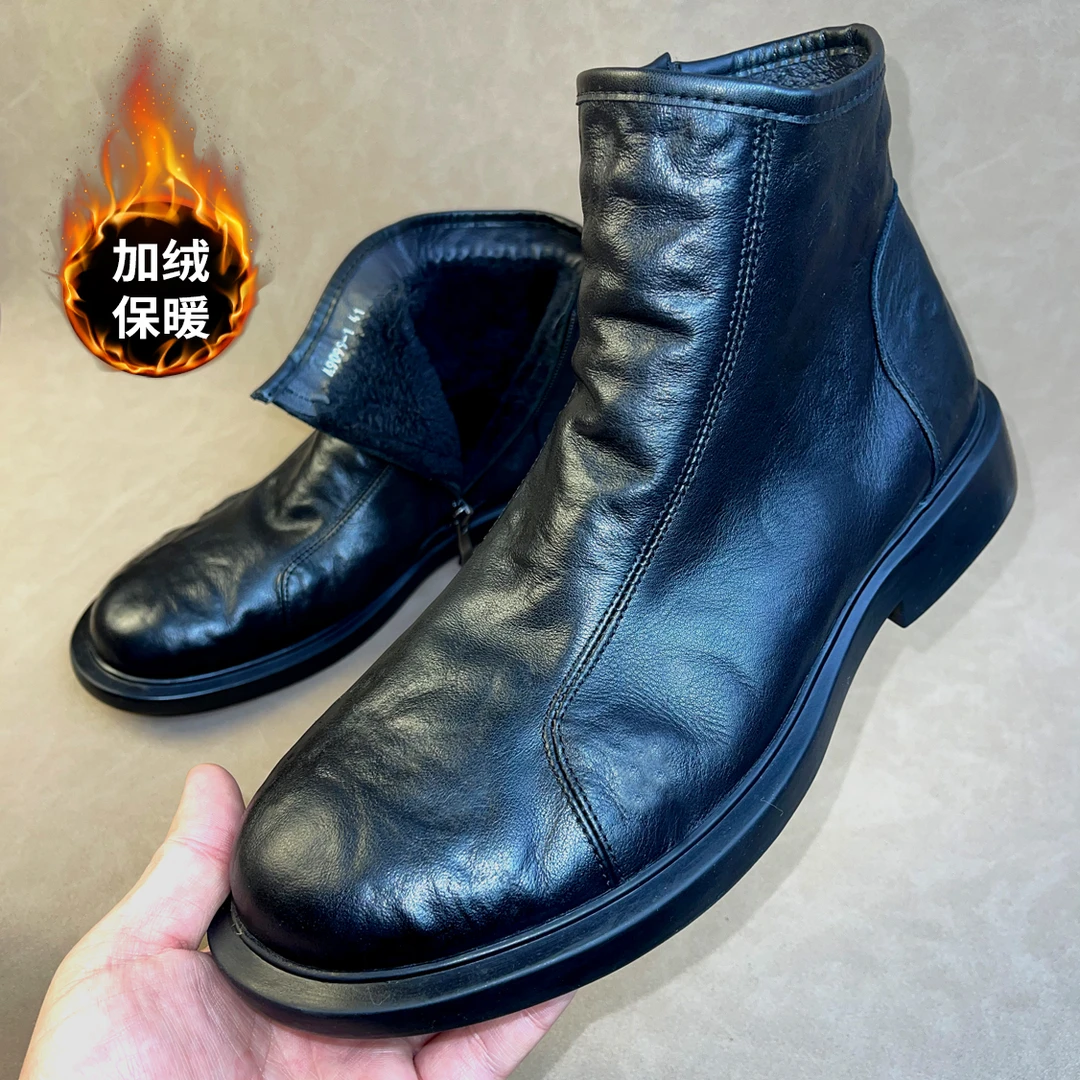 2025秋冬款头层牛皮高帮切尔西加绒保暖侧拉链男皮鞋英伦真皮男鞋