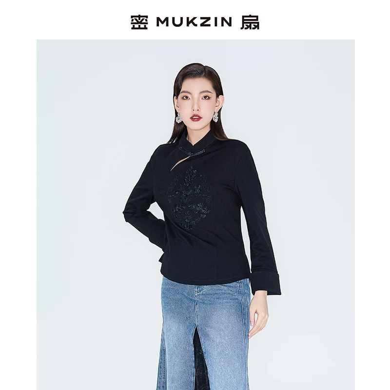 mukzin/密扇「鸳鸯戏水」新中式旗袍领针织小上衣M24CA04005001