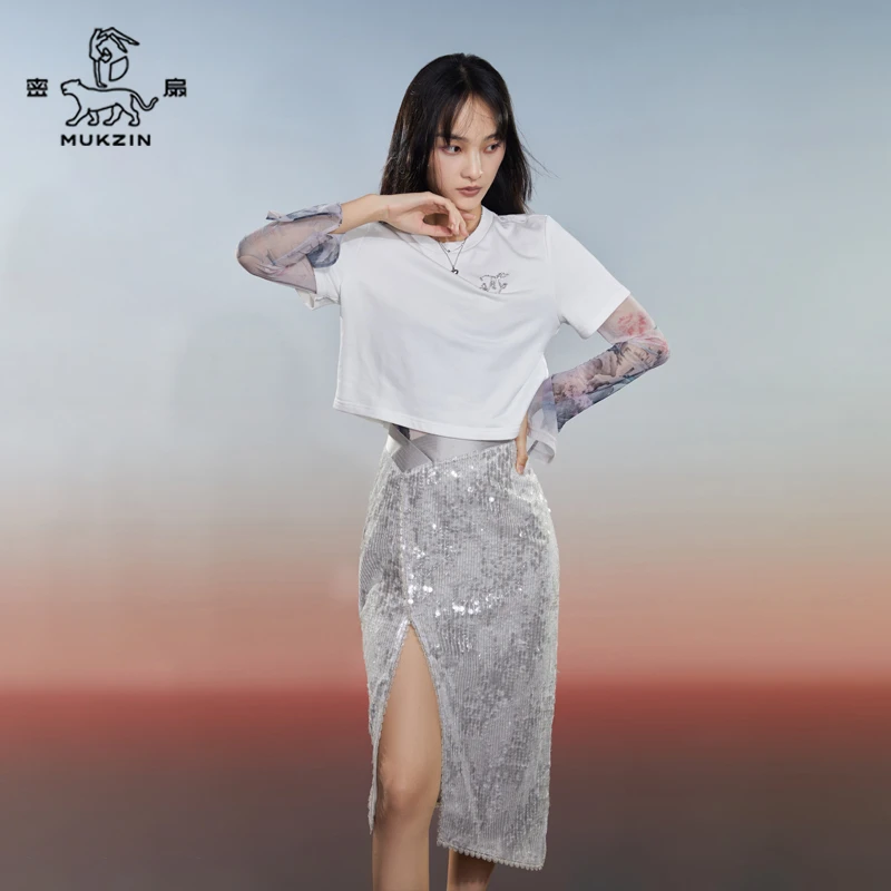 mukzin/密扇《涟漪》夏季亮片开叉重工显瘦半身裙M241C27668223