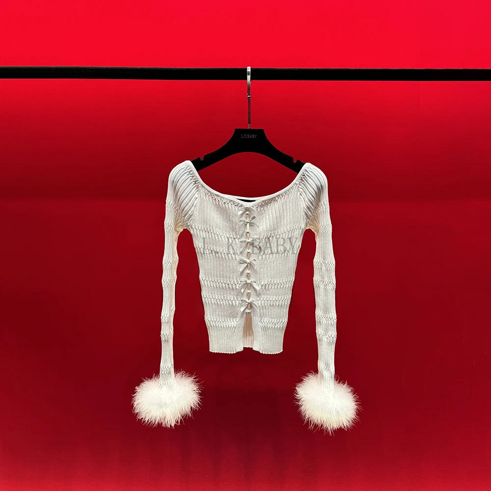 【L.K.BABY】芭蕾公主  法式时髦芭蕾绑带百搭羽毛秋冬针织上衣