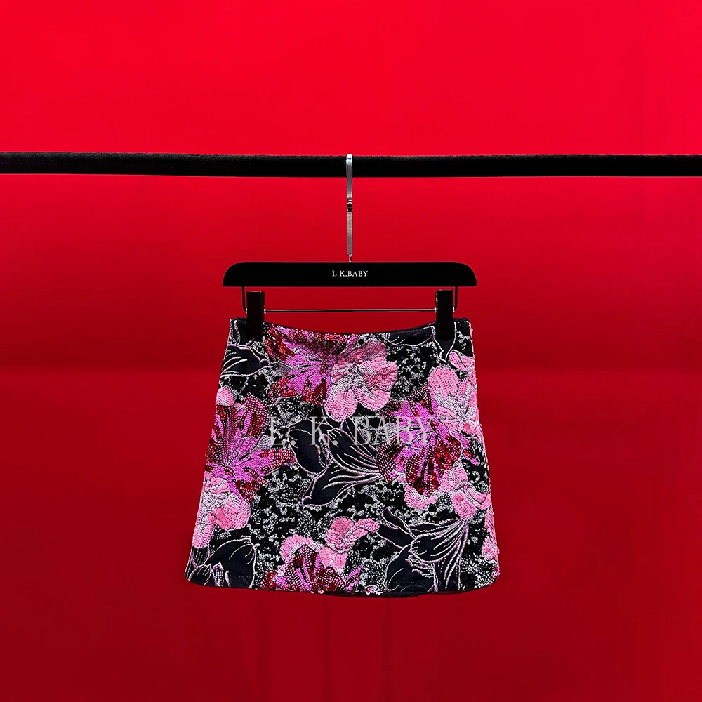 【L.K.BABY】水墨芙蓉  新中式暗纹国风琉璃亮片花朵半身裙