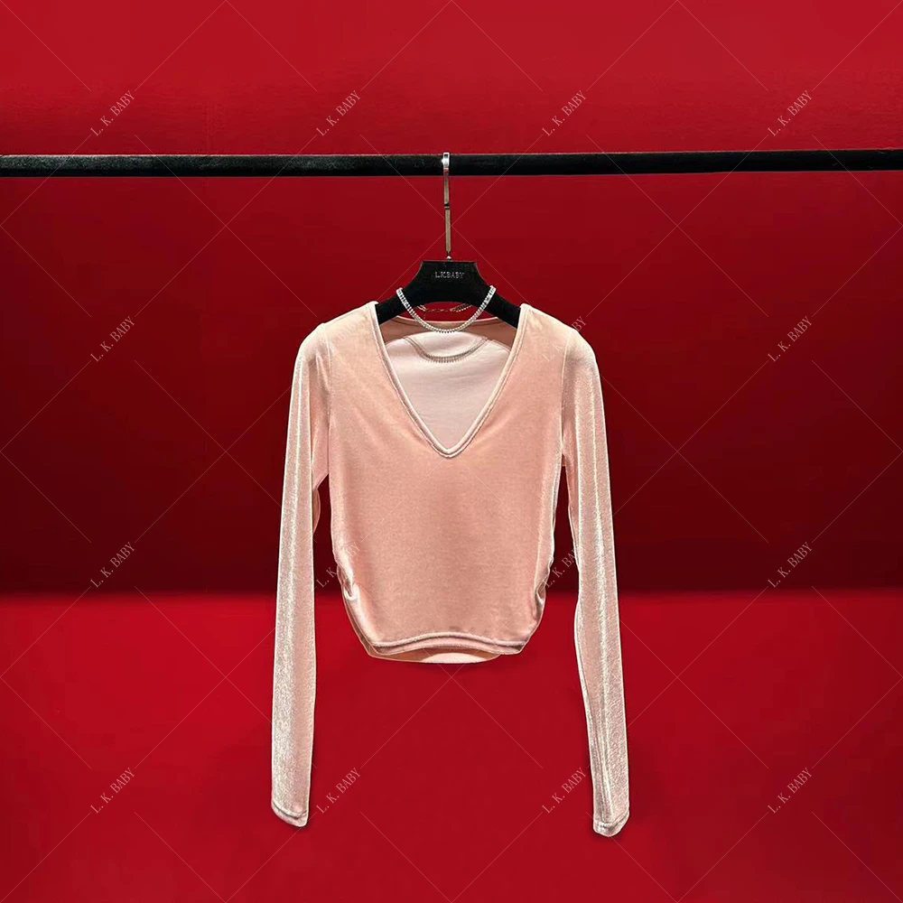 【L.K.BABY】艳压群芳  时尚设计感V领褶皱丝绒T恤