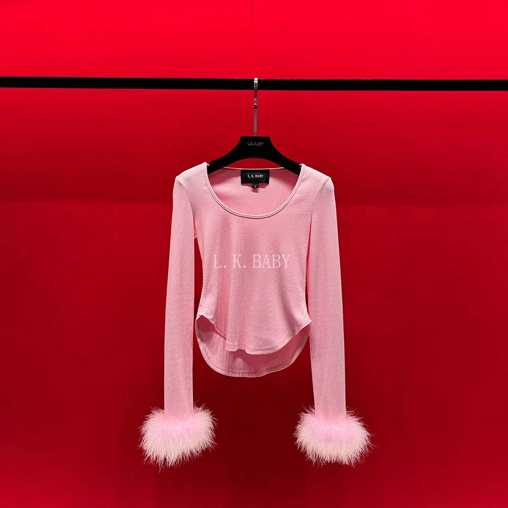 【L.K.BABY】甜言蜜语 法式纯欲时髦羽毛U领长袖T恤
