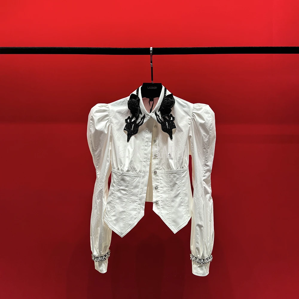 【L.K.BABY】白月光   法式轻奢镶钻珠片玫瑰花fashion衬衫