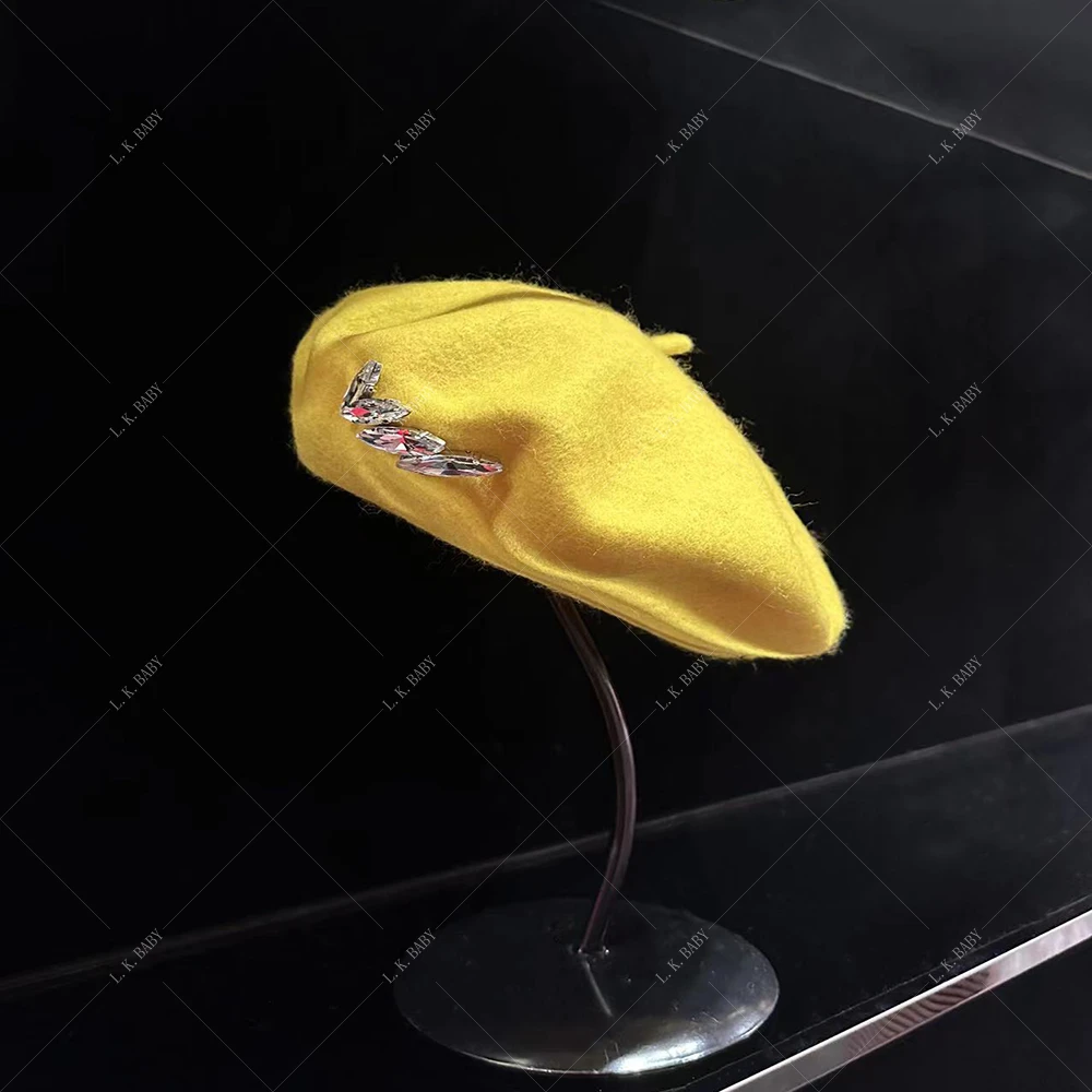 【L.K.BABY】fashion气质毛绒麦穗水钻贝雷帽时尚百搭黄色韩版复古