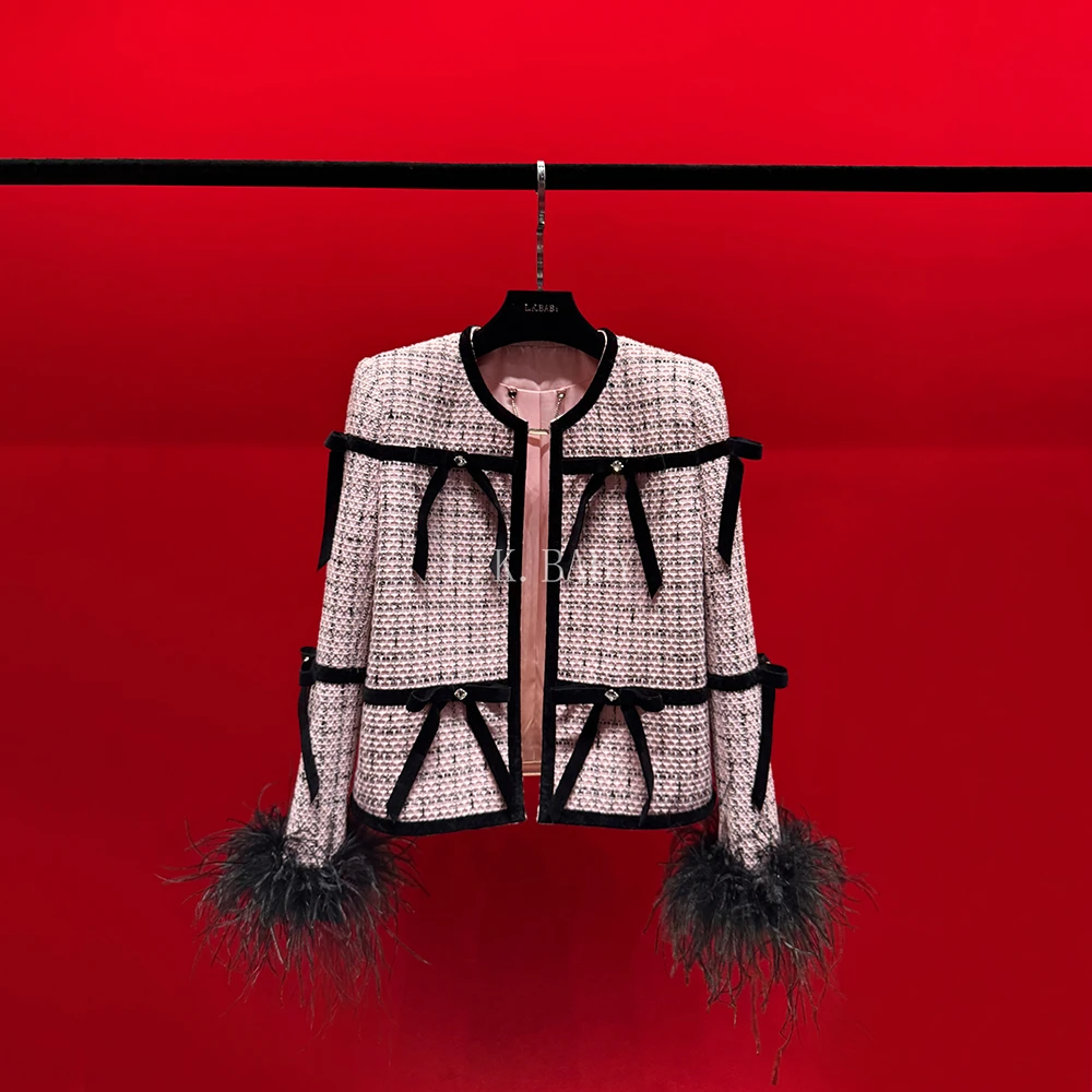 【L.K.BABY】粉色恋人A 轻奢气质名媛亮蝴蝶结花边羽毛浪漫香香外套