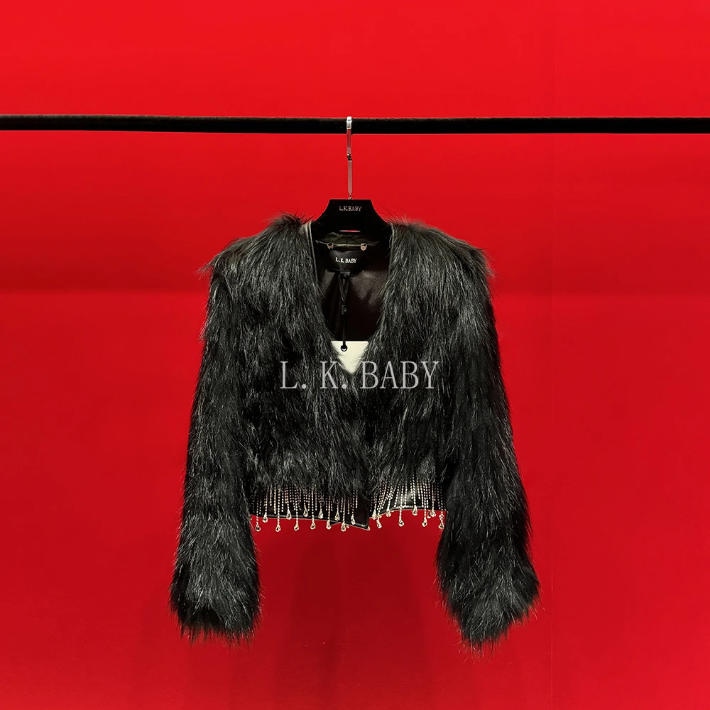 【L.K.BABY】黑天鹅  高定轻奢气质时尚短款流苏水钻草草外套