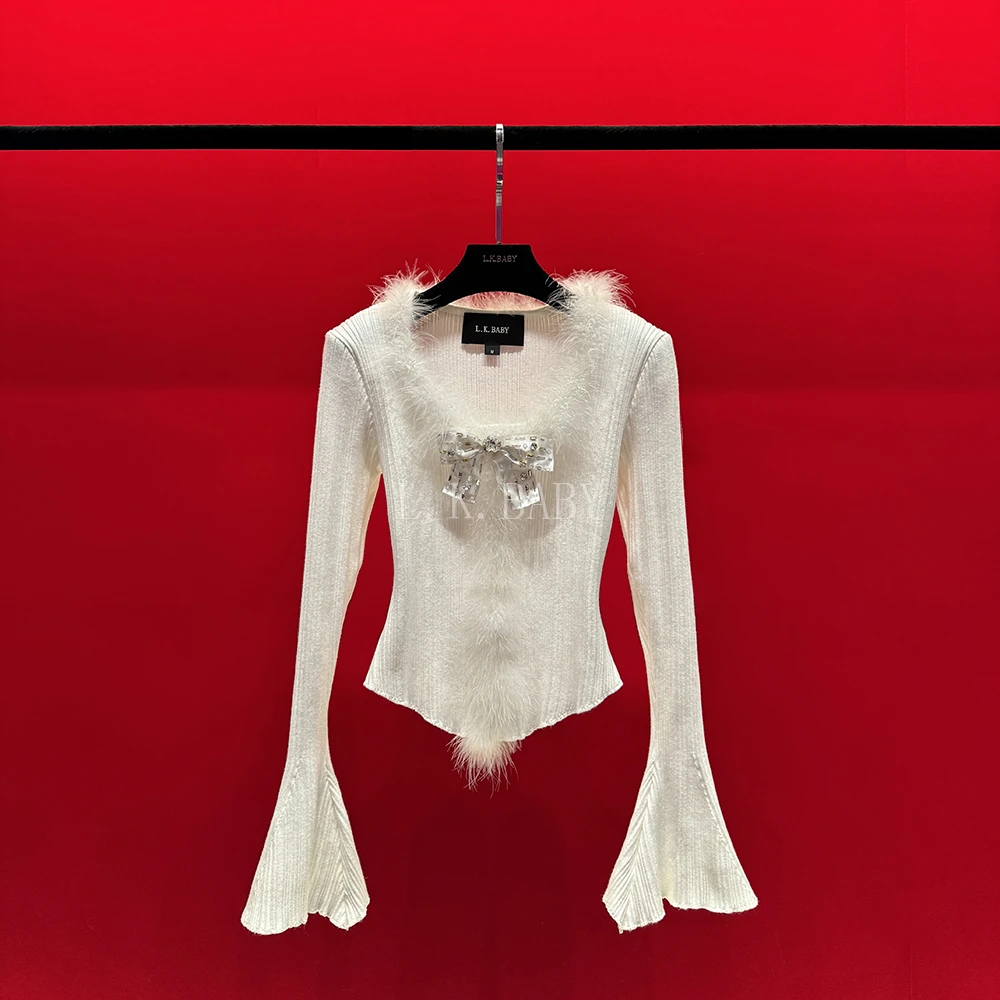 【L.K.BABY】梦中蝴蝶 重工时髦镶钻蝴蝶结拼接羽毛秋冬针织上衣