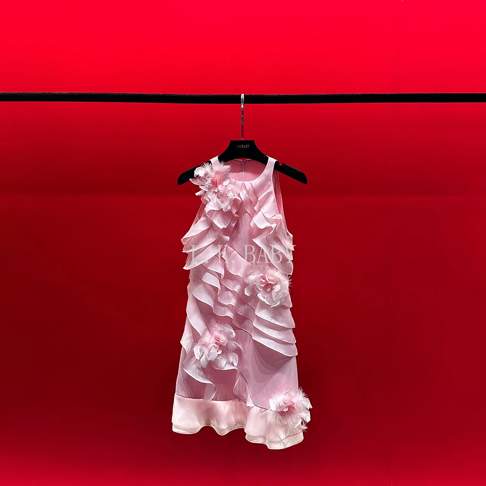 【L.K.BABY】粉红天后 法式纯欲千金风荷叶花边羽毛花朵挂脖连衣裙
