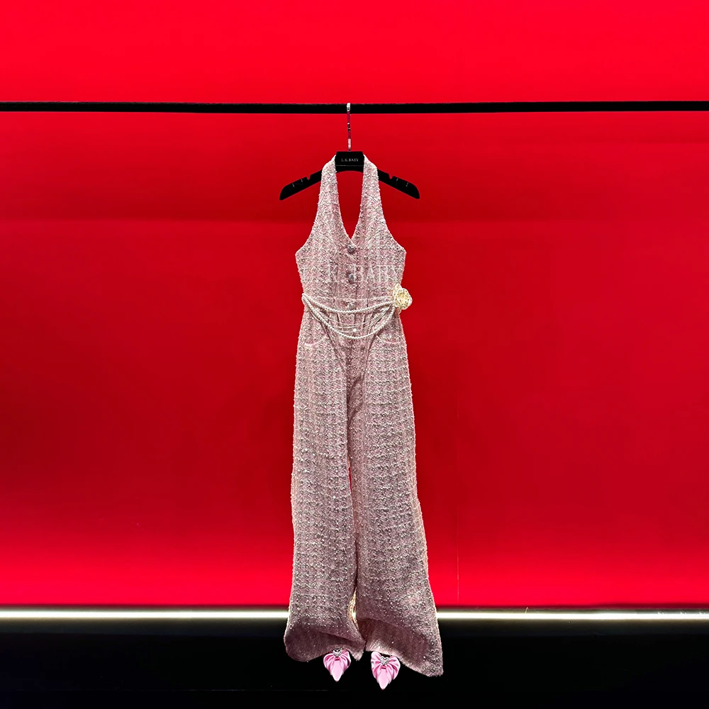 【L.K.BABY】粉色邂逅 法式名媛高定轻奢珠光亮片挂脖气质连体裤