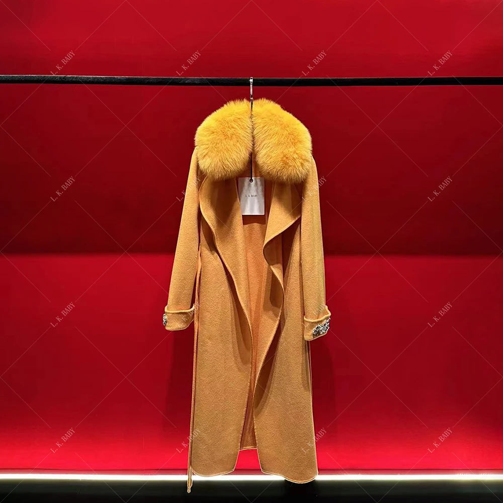 【L.K.BABY】美人娇橙 高定气质镶钻双面毛领中长款大衣外套轻奢