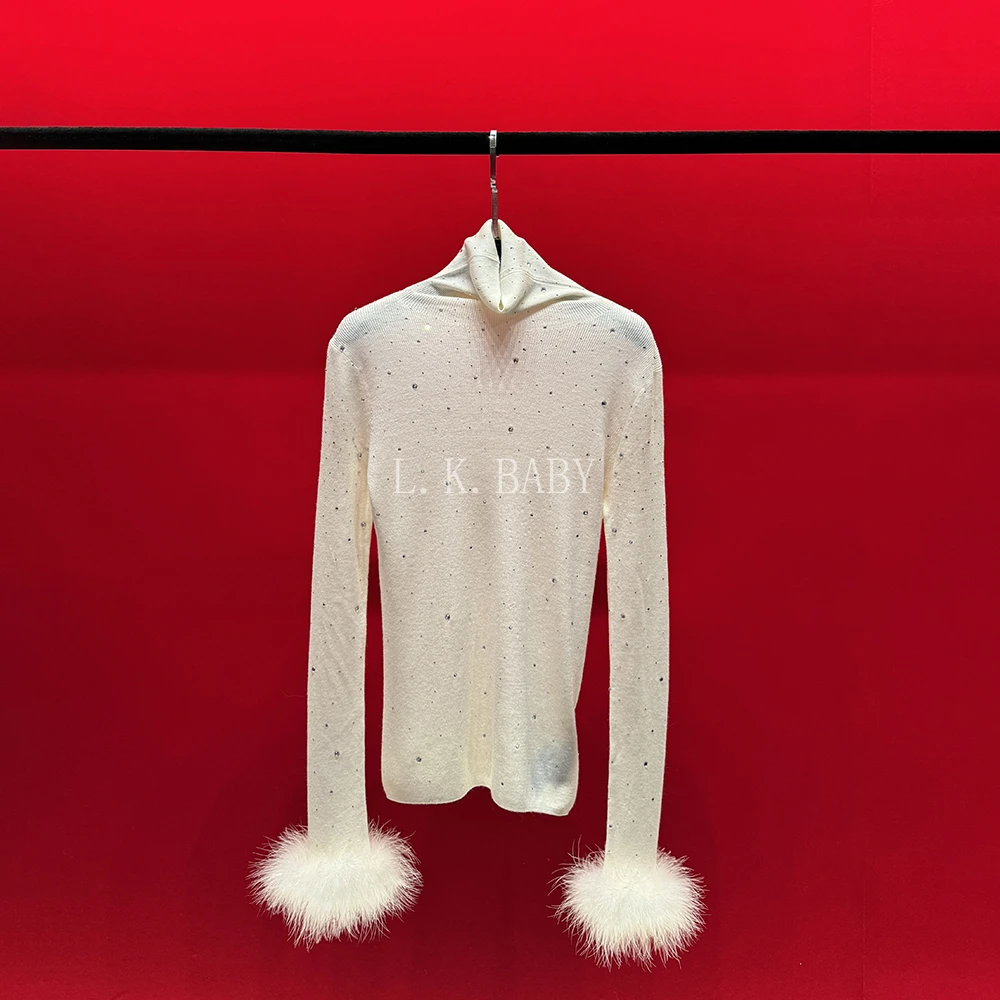 【L.K.BABY】月落星河  时髦设计感满天星烫钻羽毛高领衫