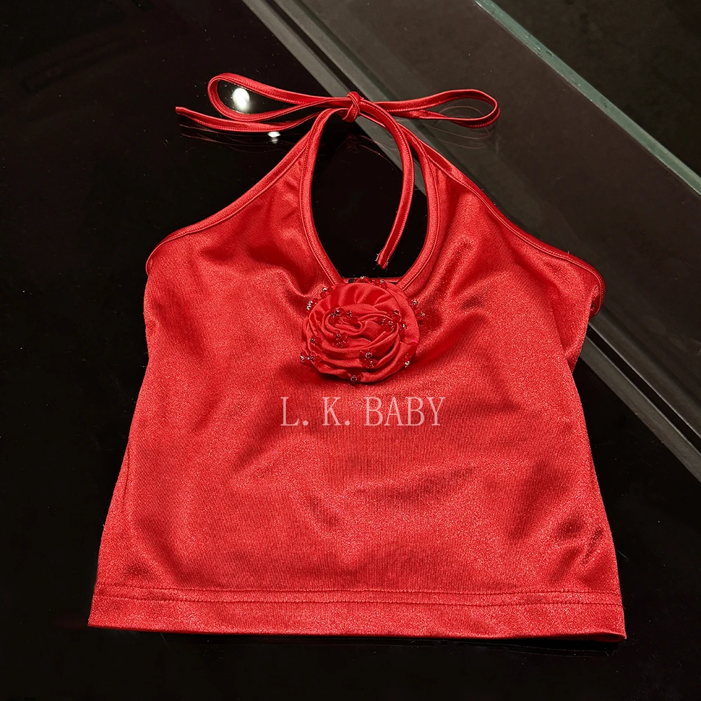 【L.K.BABY】  一朵玫瑰 时髦都市光感丝绒山茶花辣妹挂脖吊带背心