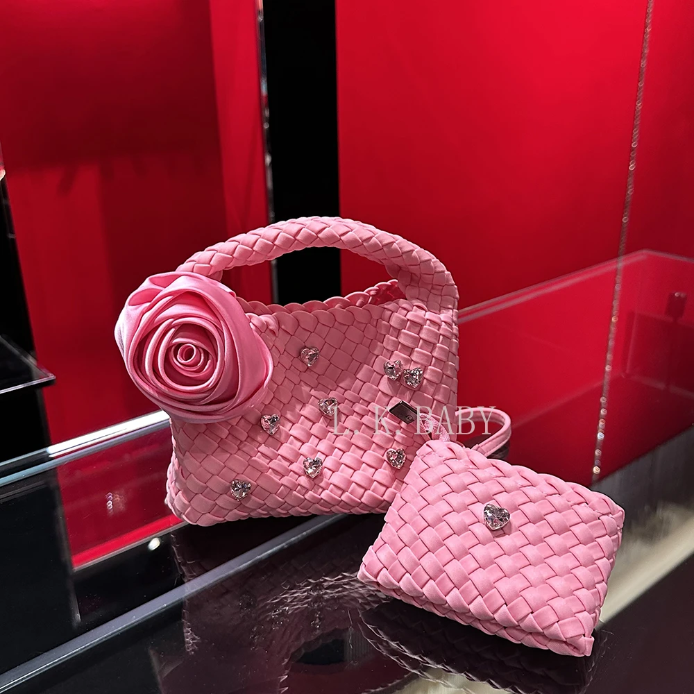 【L.K.BABY】时尚精美镶钻花朵编织手提菜篮子包