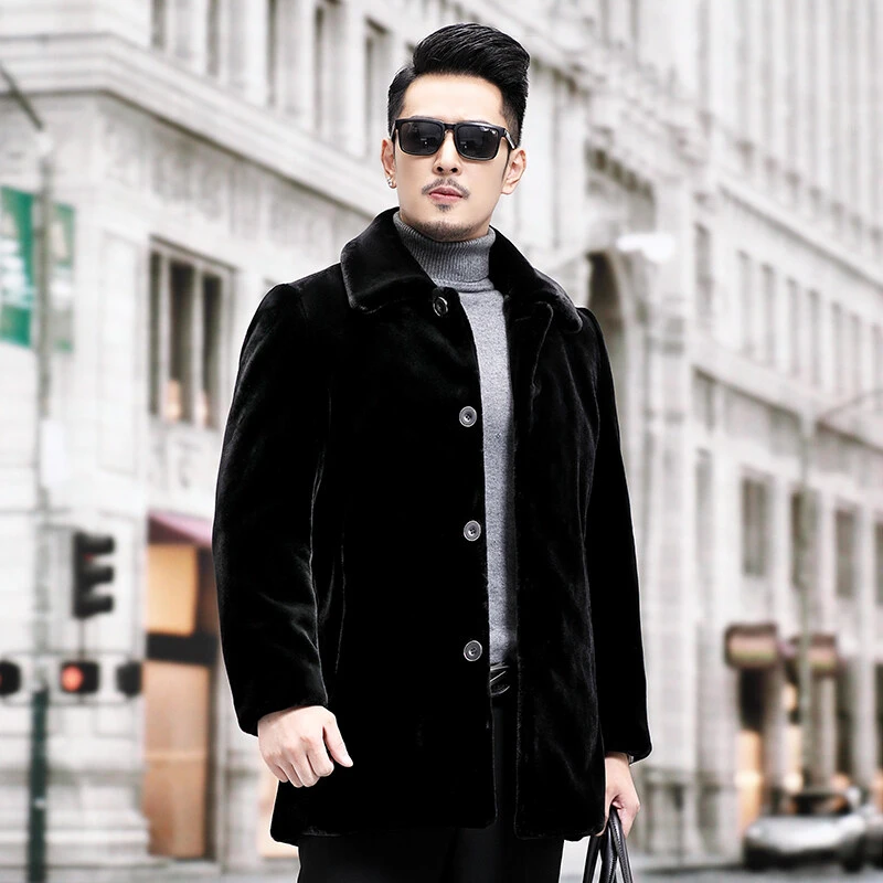 大码男装翻领休闲厚款冬季金雕绒黑色中长款韩版男士保暖翻领外套