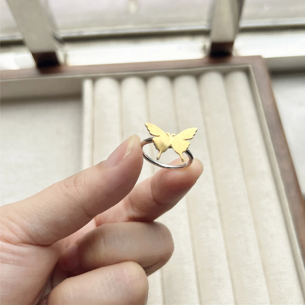 925银戒指 纯银时尚蝴蝶戒指百搭简金色蝴蝶戒小众个性戒指