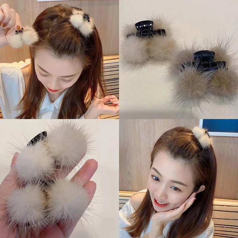 两个双毛毛抓夹秋冬毛绒碎发小刘海夹毛球发夹高马尾鲨鱼夹头饰女