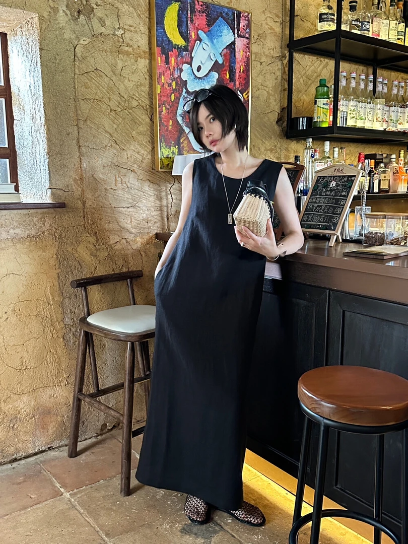 夏季清仓欧尼纯亚麻U领设计感宽松连衣裙显瘦气质外穿露背长裙