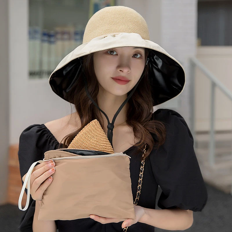 四季黑胶防晒遮阳帽女拼接镂空透气大蝴蝶结遮脸防紫外线渔夫帽夏