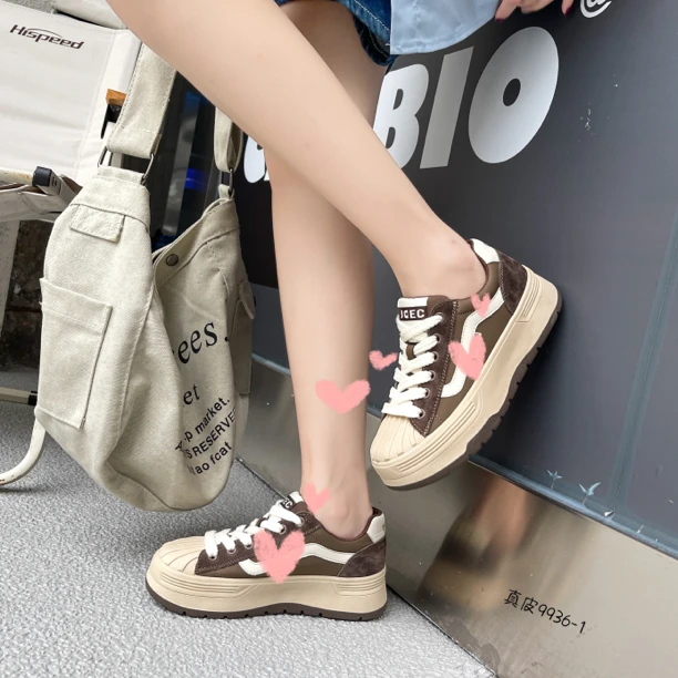 真皮女鞋2023新款秋季贝壳头厚底百搭小白鞋休闲运动时尚爆款板鞋