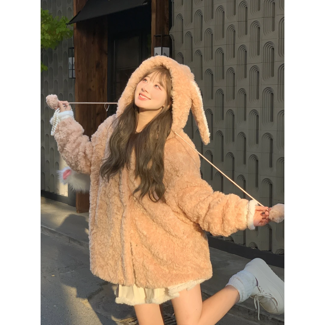 甜大王【玩偶甜心】秋冬可爱兔耳朵廓形厚外套女宽松百搭保暖上衣