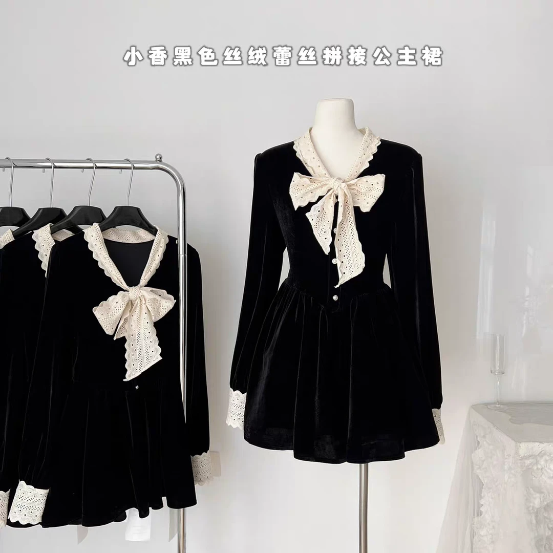 法式复古千金公主风蕾丝拼接丝绒大码显瘦蓬蓬连衣裙
