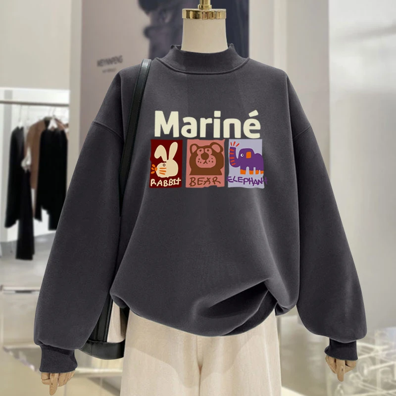 半高领加绒加厚卫衣女2024春秋冬新款萌趣卡通图案宽松百搭中长款