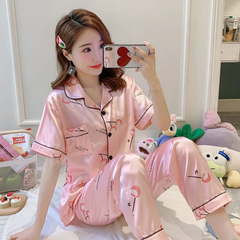 睡衣女春夏冰丝短袖长裤韩版两件套加肥加大码秋冬季仿真丝家居服