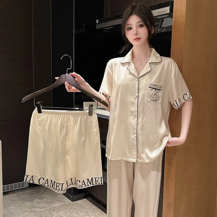 高级感三件套睡衣女款夏天冰丝短袖2024新款网红爆款春秋季家居服