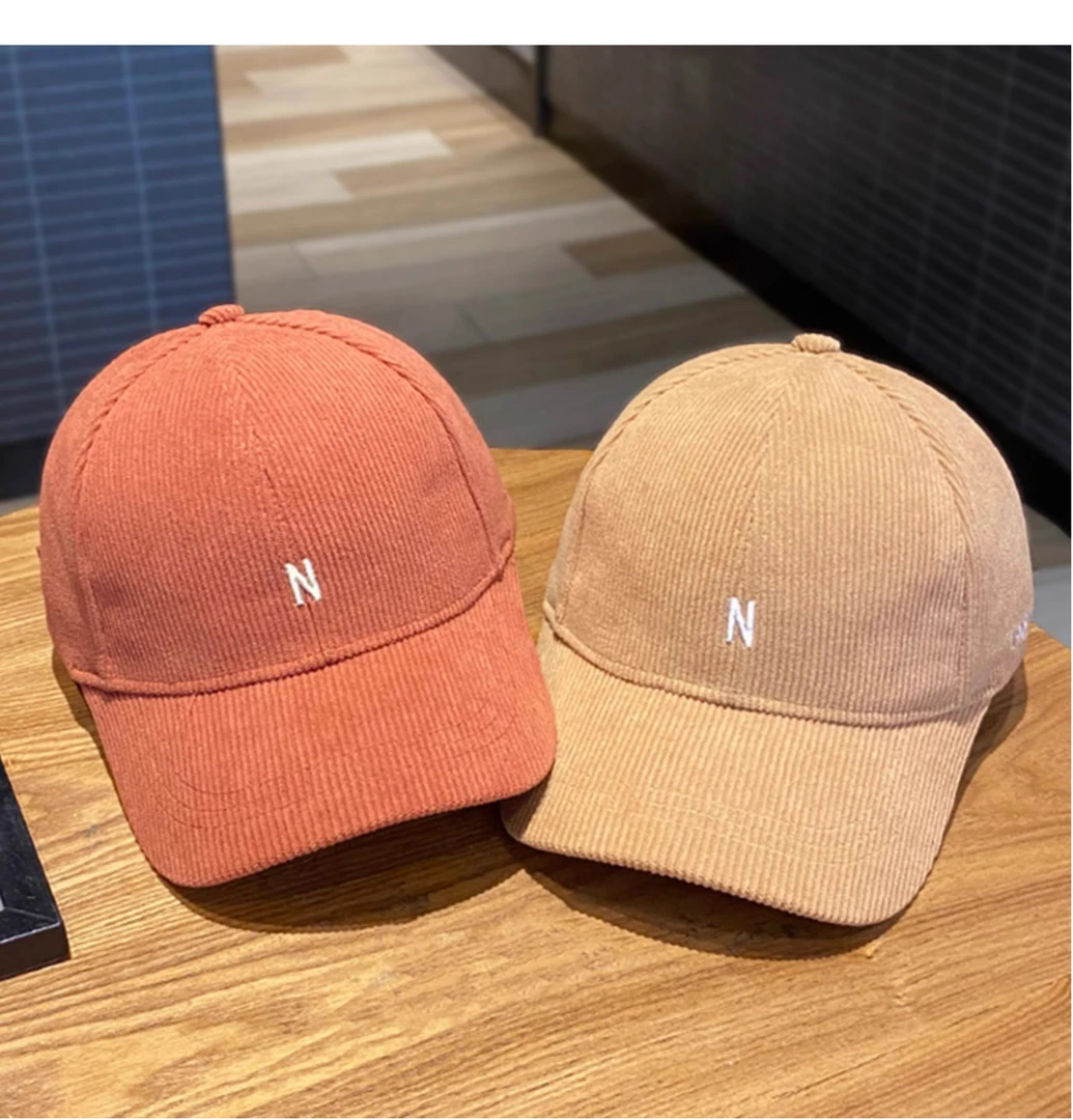 韩版刺绣字母N棒球帽子女秋冬灯芯绒鸭舌帽男显脸小百搭休闲帽春